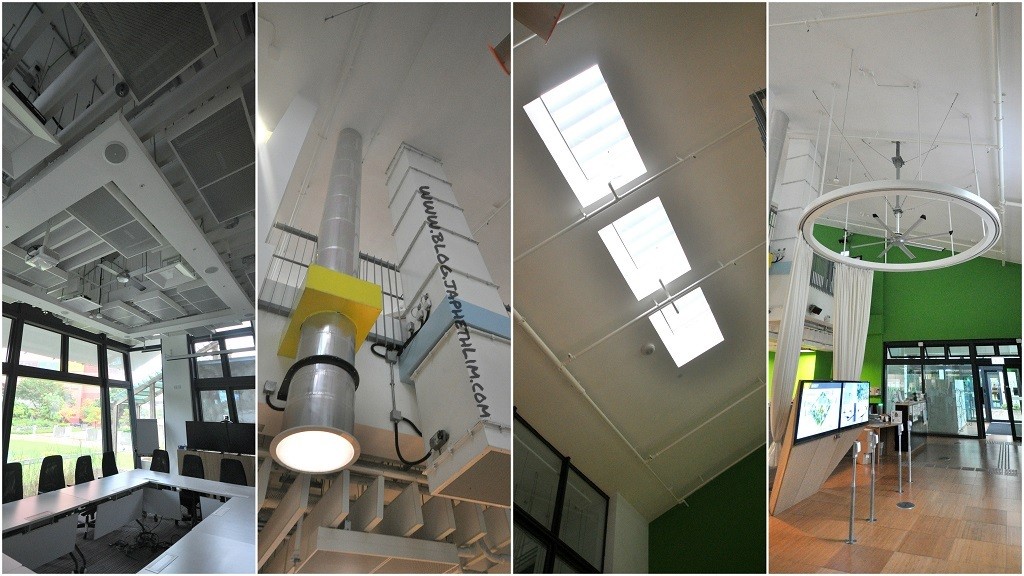 Various unconventional technology being tested in Zero Carbon Building Hong Kong. From Left to Right, active chilled beam system, light pipe and wind catcher, active daylight control, big ass fan)